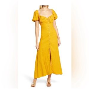 Woman puff sleeve button midi dress